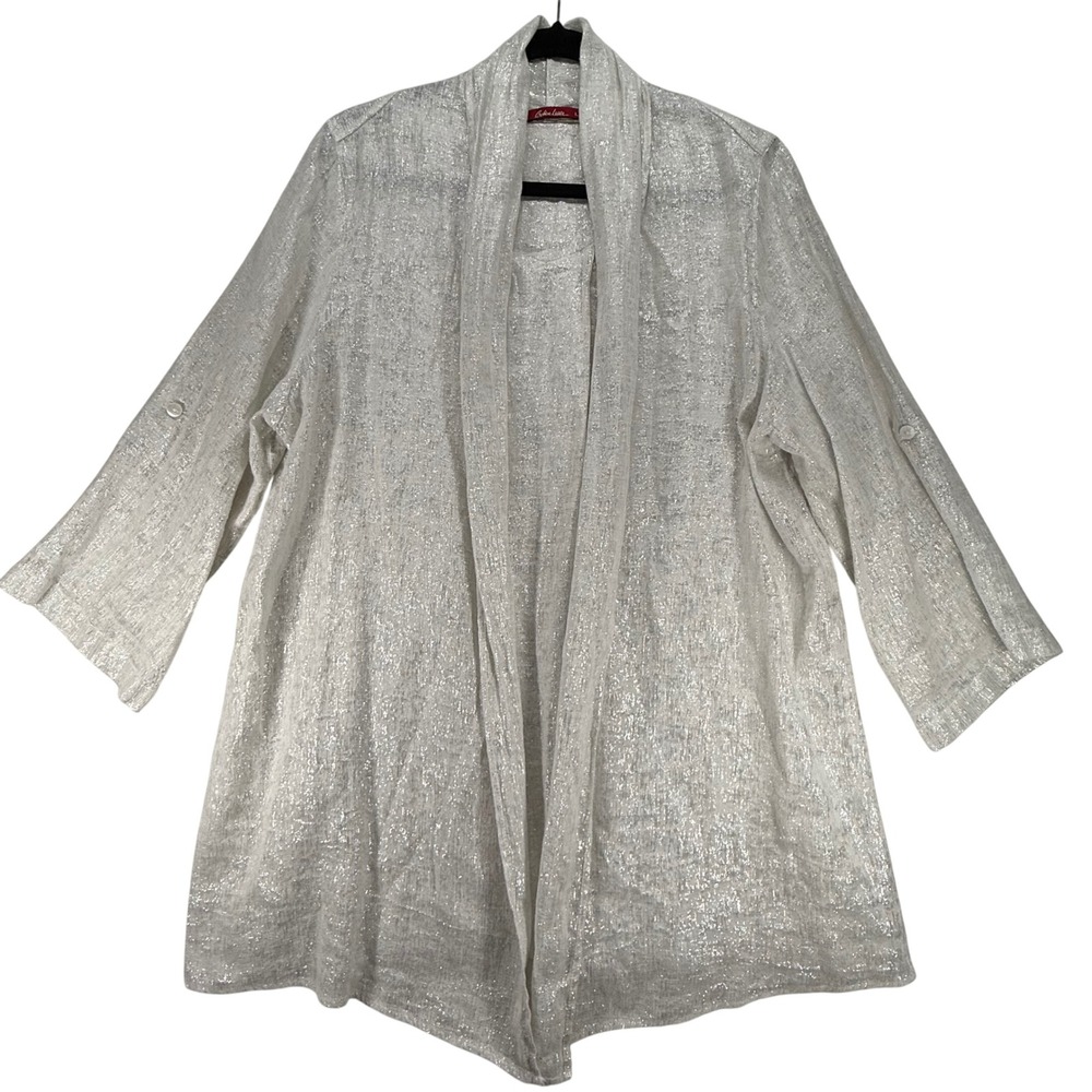 Barbara Lesser‎ Open Front Cardigan Shimmer Metallic Linen Blend Top Size L flaw